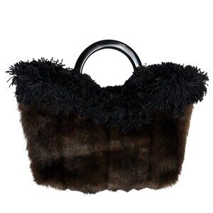 Mobwife Faux Fur Handbag VTG Style Purse Brown Black Fringe Acrylic Handles